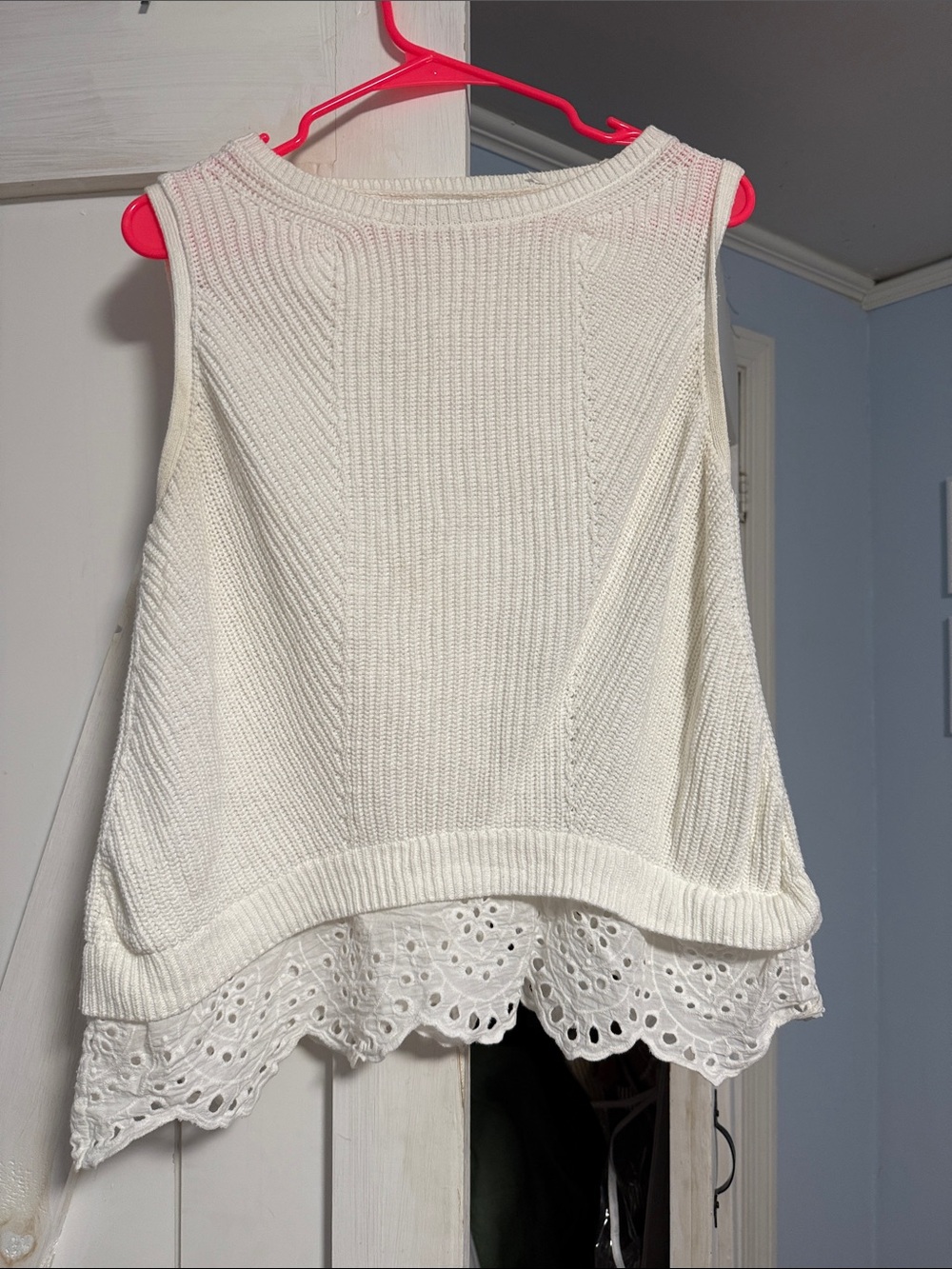 LOFT Cream Knit Tank with Eyelet Lace Hem
